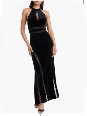Donna Morgan Black Velvet Halter dress with Sheer Side Panels